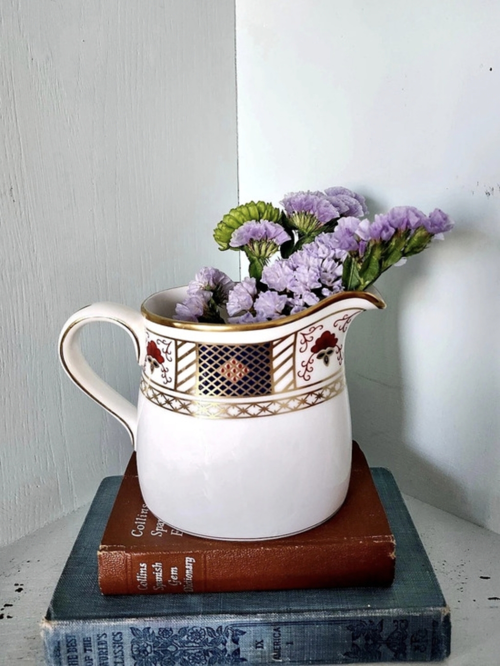 Vintage Royal Crown Derby Border Porcelain Serving Pitcher White Gold